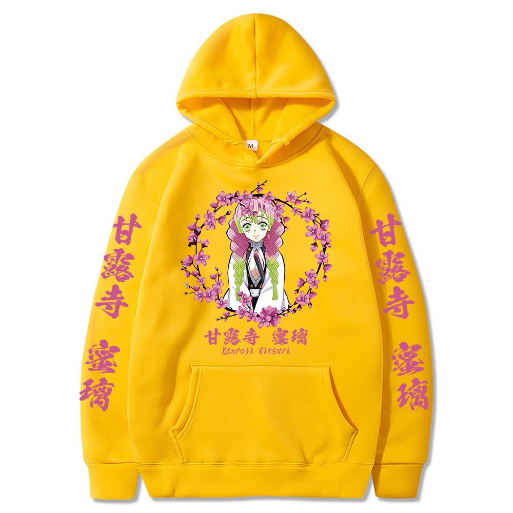 Горячая толстовка с капюшоном в стиле аниме Demon Slayer для мужчин и женщин, розовый пуловер с цветком персика, Harajuku, красивые зимние теплые толстовки Kanroji Mitsuri
