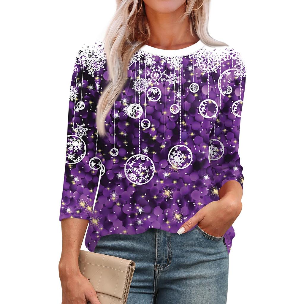 Женская модная футболка с круглым вырезом и рукавом 3/4 с принтом, повседневная, базовая, плиссированная, пуловер