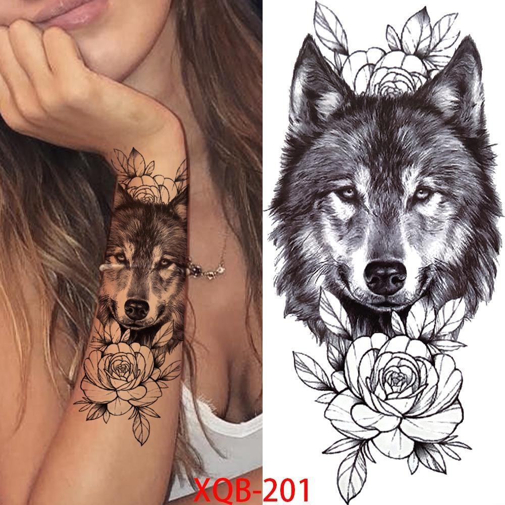 1 PC 210*114MM Cat Geometry Black Temporary Tattoos For Men Women Black Forest Skull Tiger Wolf Tattoo Sticker Evil Devil Arm Tattoo