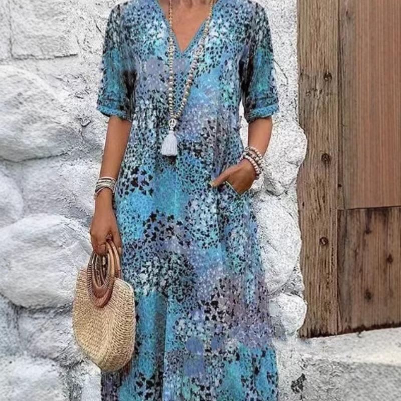 Женские модные платья с коротким рукавом и V-образным вырезом, украшенные кружевом и набивным рисунком