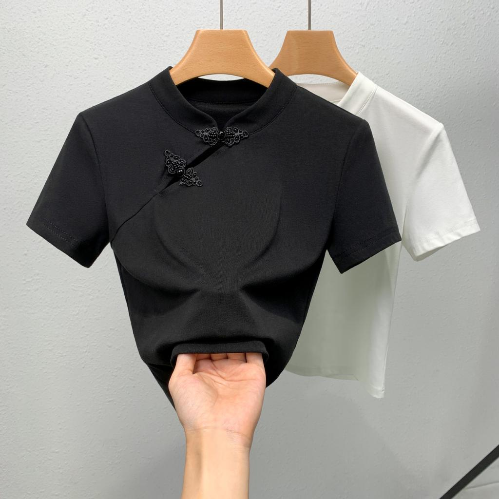 Футболка с короткими рукавами для женщин, новая женская летняя ретро-футболка с воротником-стойкой, однотонная хлопковая футболка, топ в старинном стиле с косой планкой