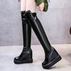 Fashion Knee Thigh High New In Women's Boots Genuine Leather Fur Long Shoes for Women Winter 2024 Wedges Chunky Platform Heeled Black