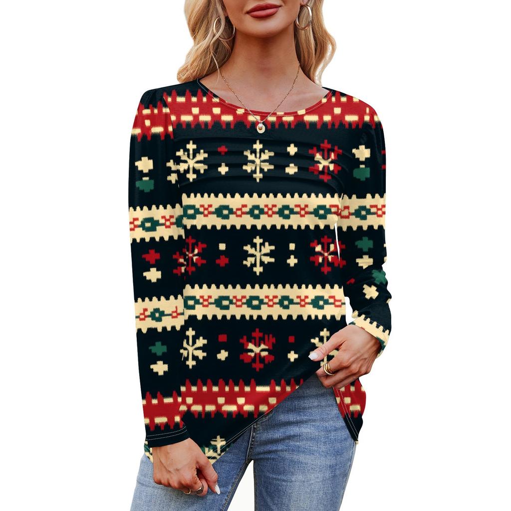 Женская футболка с круглым вырезом и длинными рукавами с принтом рождественской елки и снежинки