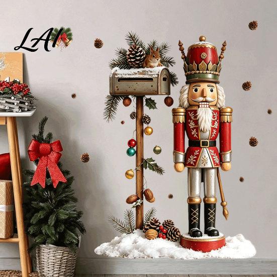 Christmas Theme Wall Decor for Entrance Vintage Mailbox Decal Nutcracker Soldier Snow Scene Self-Adhesive Removable Stickers Sticker Holiday