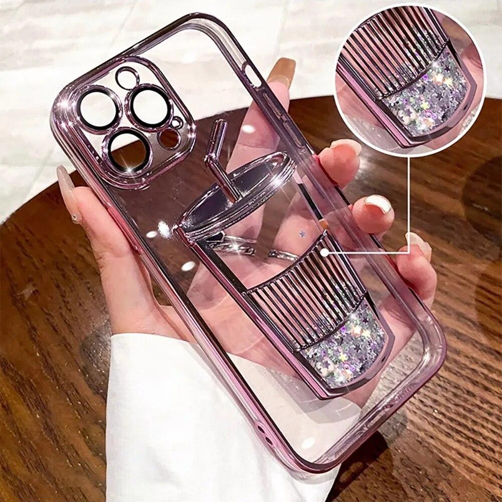 Electroplated Quicksand Liquid Phone Cases For iPhone 11 12 13 14 Pro Max Case Clear Milk Tea Cups Sequins Glitter Back Cover