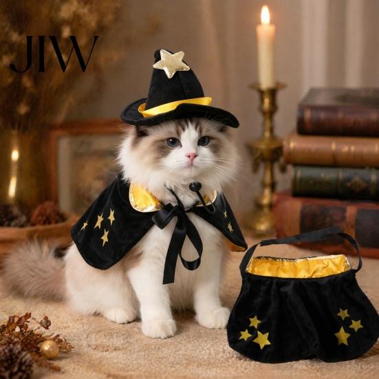Pet Costume for Running Dogs 1 Set Halloween Cat Witch Costume, Black Cape And Wizard Hat, Moon Small Dog Outfit Star Cloak Pointed Hat