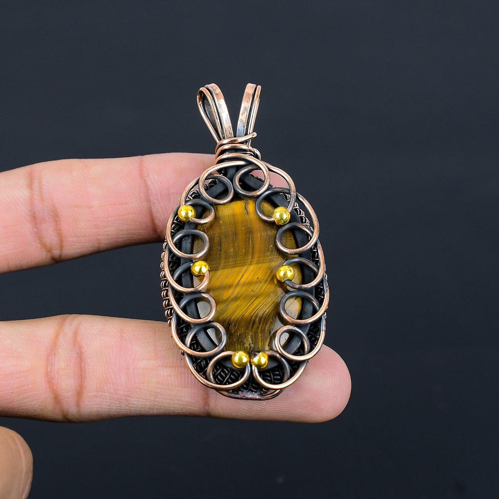 Тигровый глаз драгоценный камень из чистой медной проволоки обернутый ювелирный кулон ручной работы для подарка