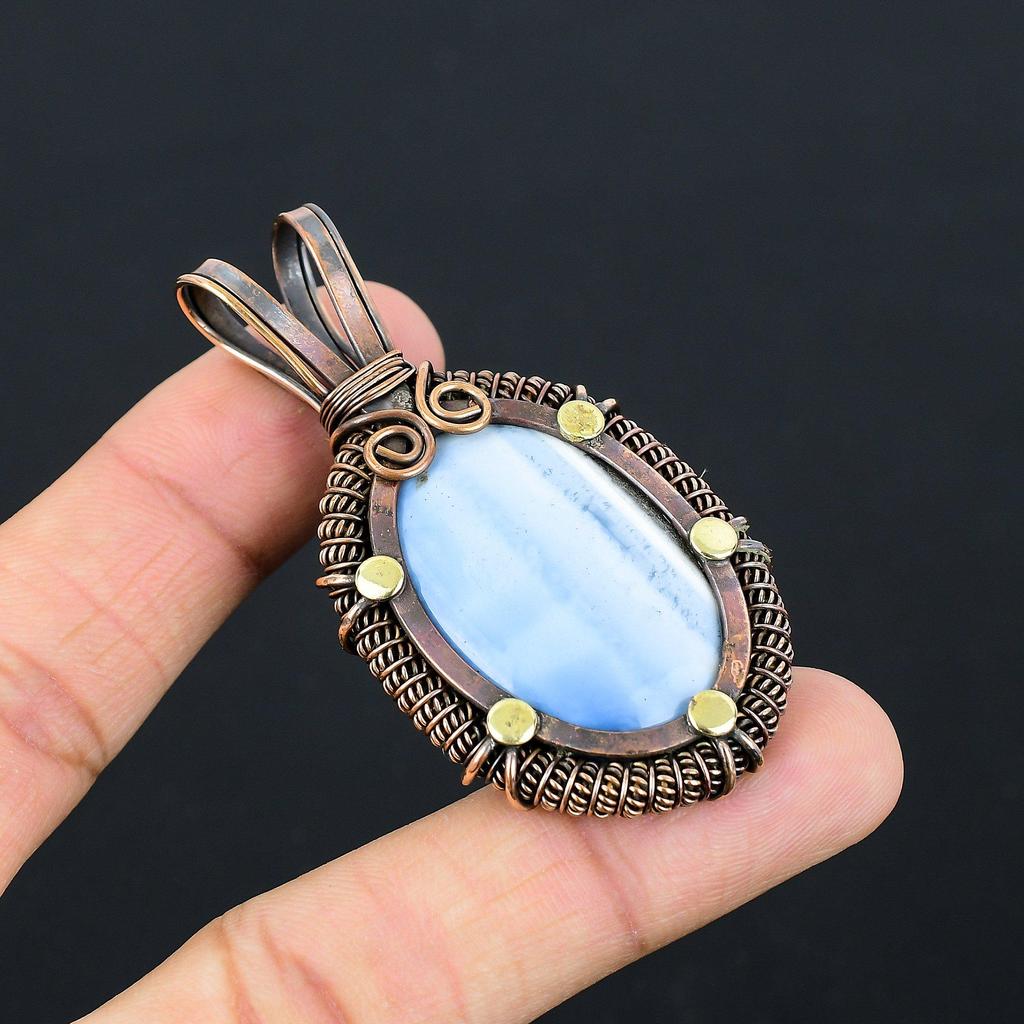 Owyhee Opal Gemstone Pure Copper Wire Wrapped Handmade Pendant Jewelry