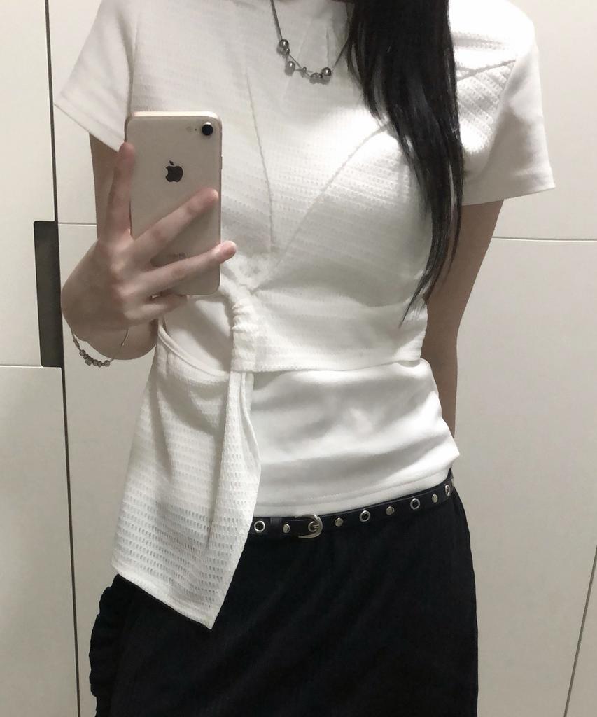 PLACE STUDIO Waffle Contrast Shirred Draping Twist Semi-Crop Women'S Short Sleeve T-Shirt [White]