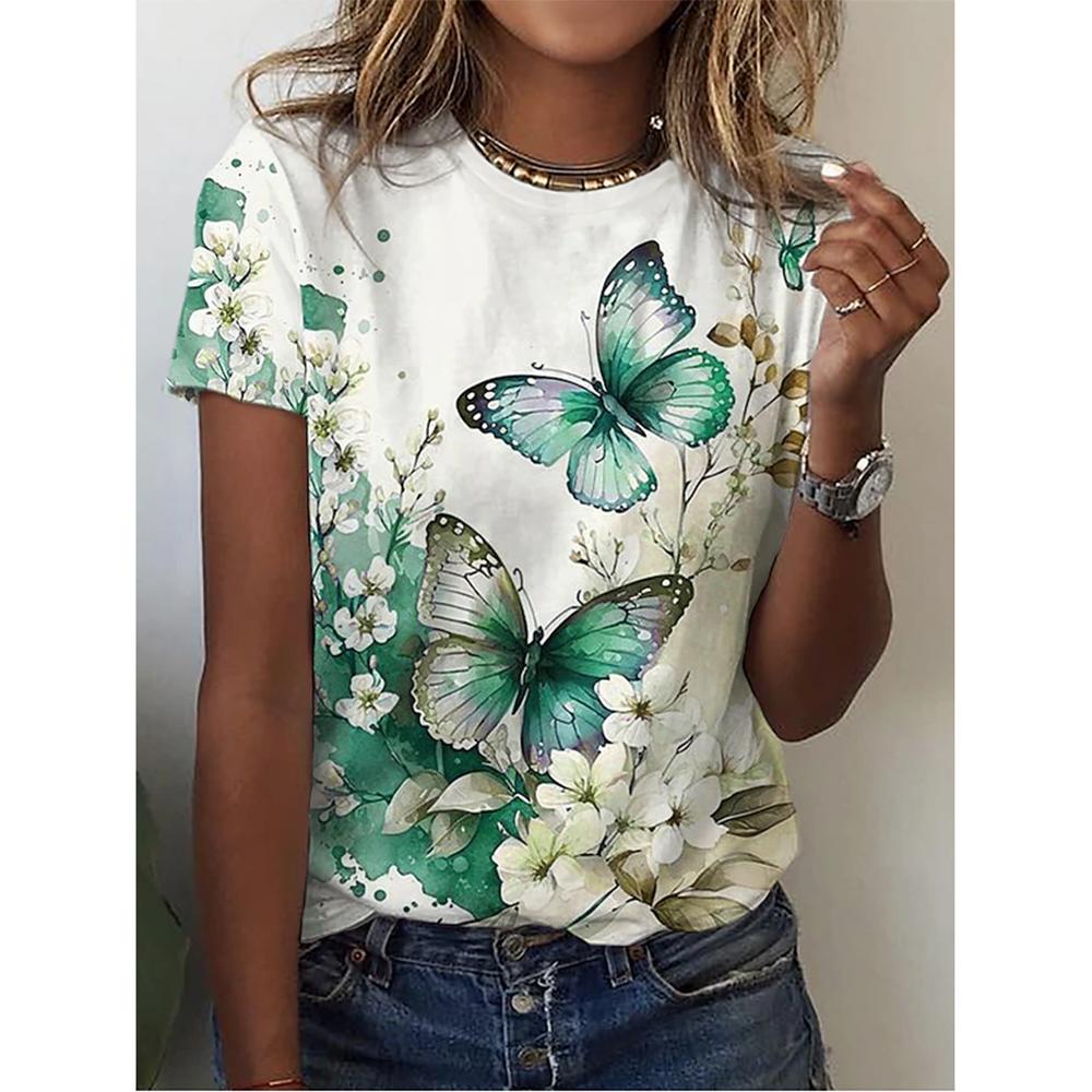 New O-neck 3d Butterfly Print T-shirt Women's Summer Fashion Short-sleeved Blouse Oversized Summer Clothing
