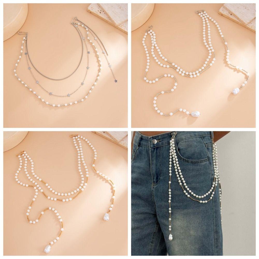 Vintage Pearls Chains Brooch Pant Chains Metal Multi-layer Necklace Tassel Chain Pin Suit