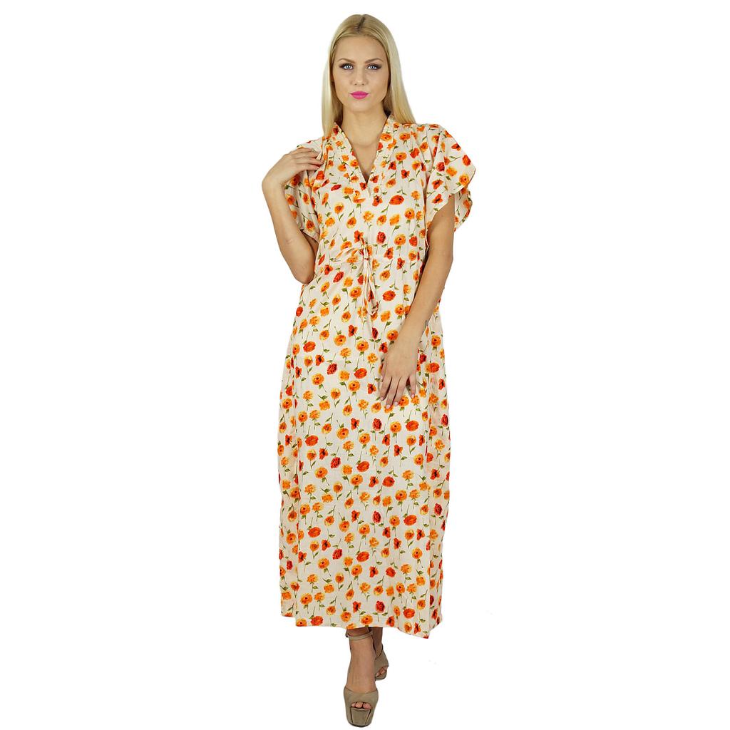 Bimba Women Long Cotton Kaftan Bohemian Nightgown Floral Maxi Caftan