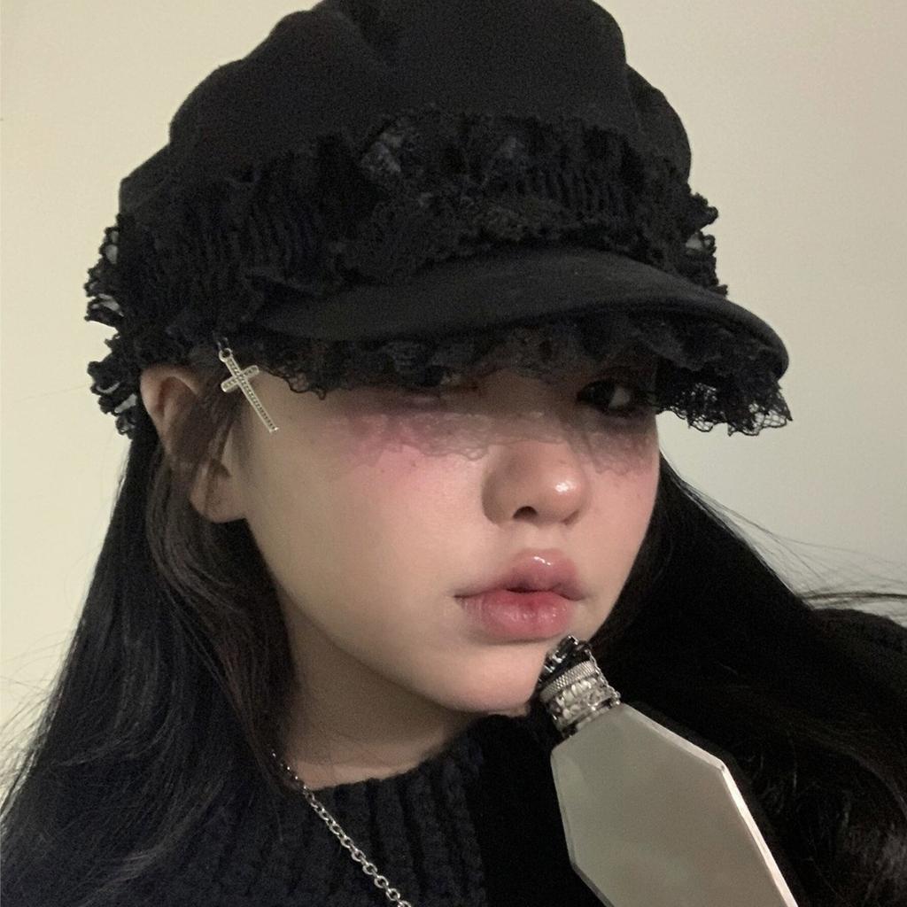 Newsboys Beret Hat for Women Breathable Cabbie Hat Joker Girl Lace Peaked Hat Subculture Cross Painter Hat Headwear