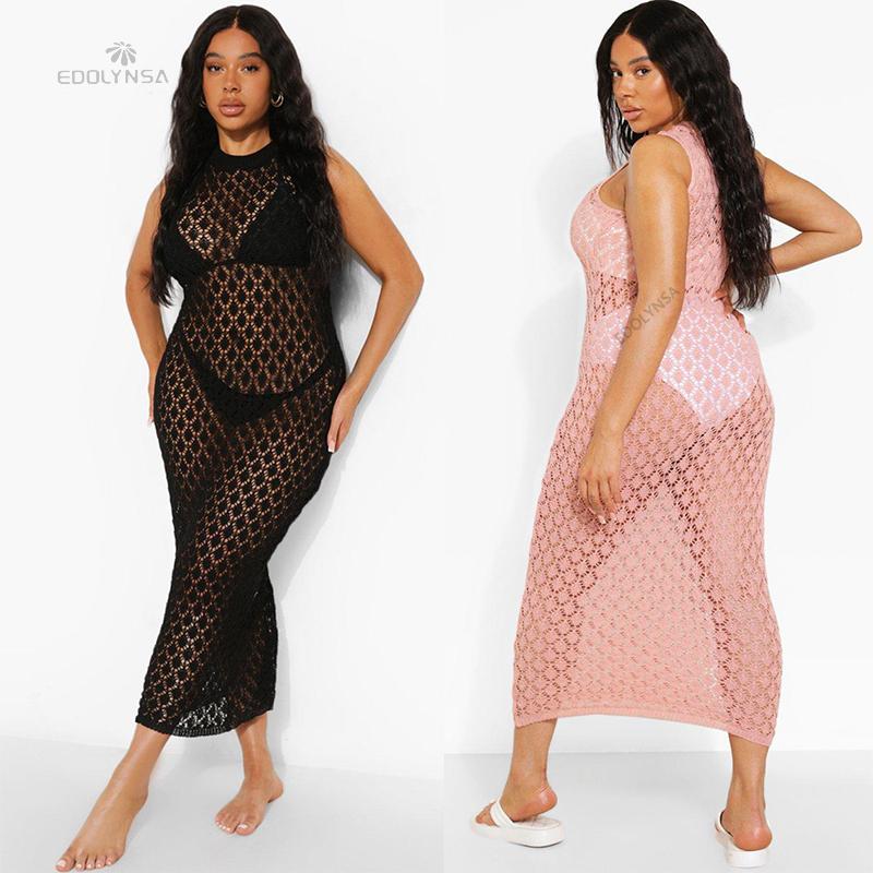 2022 Sexy See Through Sleeveless Bikini Cover-ups Pink Hollow Out Mesh Dress Women Summer Beach Wear Swim Suit Cover Up
