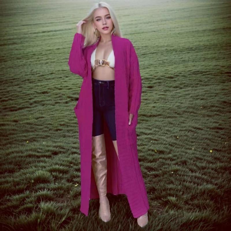 Длинный вязаный кардиган, элегантный однотонный свитер с длинными рукавами и карманами, женский