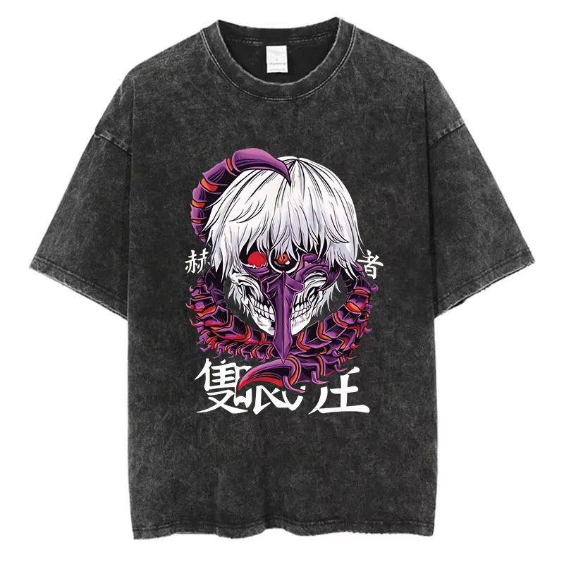 2026 Новая летняя оверсайз футболка Tokyo Ghoul, стираная, винтажная, потертая, аниме стритвир, графический топ для мужчин и женщин