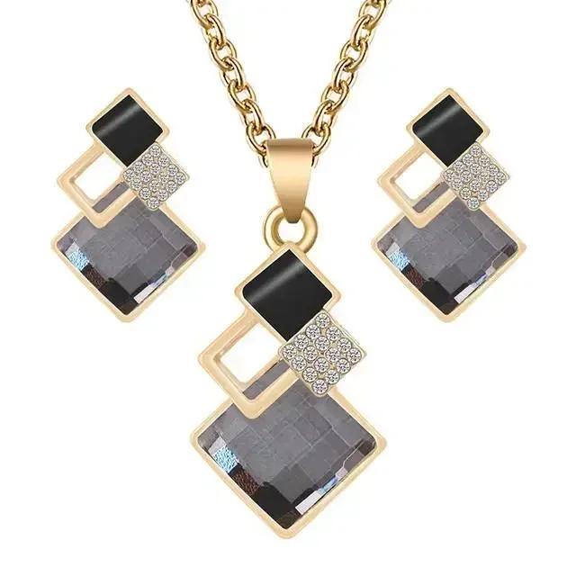 Square Diamond Inlaid Necklace Earrings Set Collarbone Chain Accessories Gifts Fashion Creative Decoration Korean Minimalist