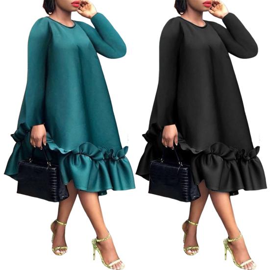 Oversized Dress A-line Ruffle Hem Knee Length Pure Color Midi Dress Long