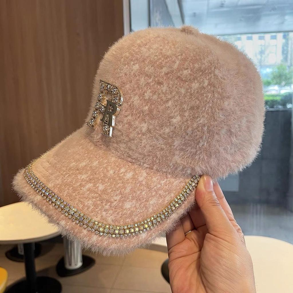 Women's Korean Autumn and Winter Rhinestone Letter Baseball Cap, Outdoor Autumn and Winter Plush Warm Duckbill Cap