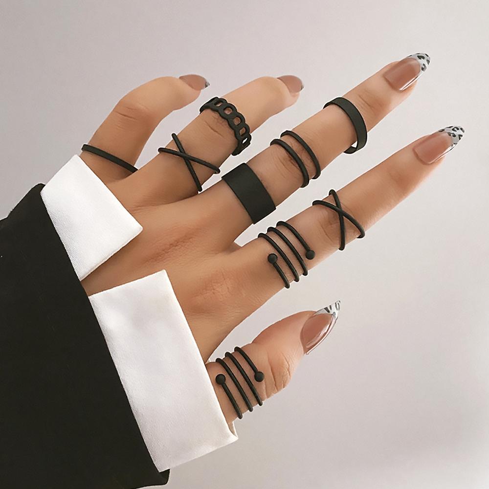10Pcs Punk Simple Rings Set Zinc Alloy Color Geometric Hollw Wide Ring Set Women's Vintage Joint Hiphop Finger Rings Zircon