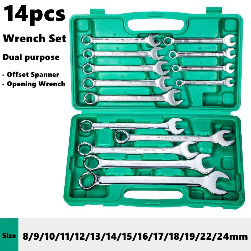 14PCS Combination Chrome Vanadium Steel Wrench Set Dual-Purpose Offset Spanner & Opening Wrench Set , Compact Storage Box