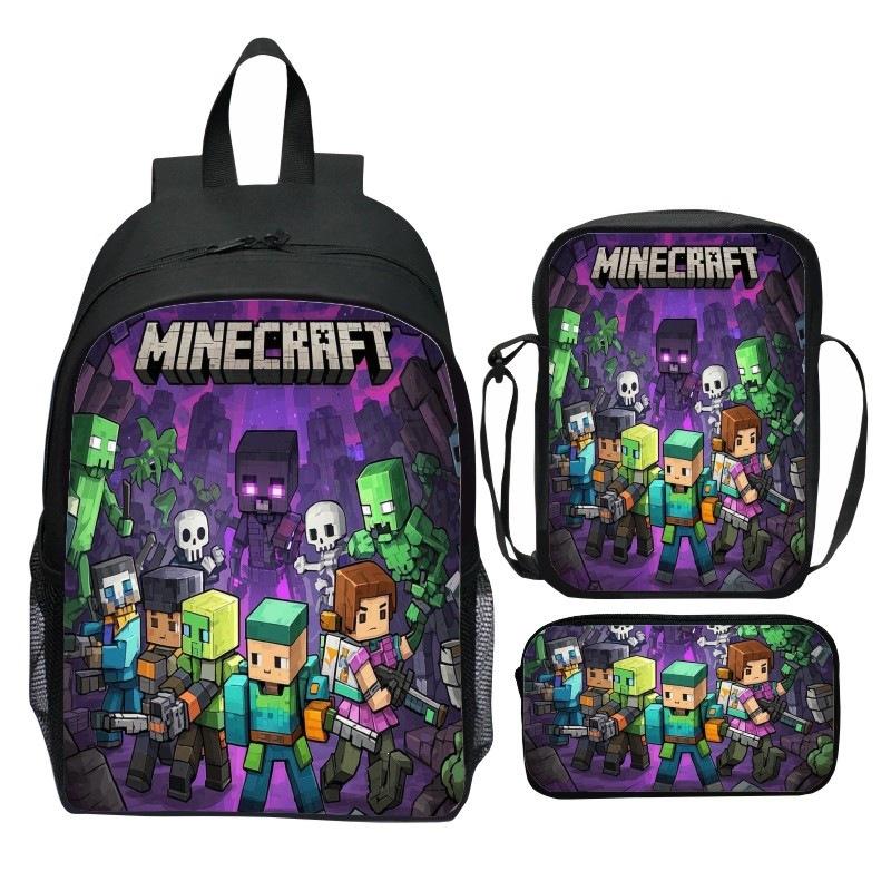 Minecraft Movie Printed 3-Piece Backpack Set Kids Cartoon School Backpack Boys Girls Gifts Blue