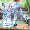 Blue Fishing Flowers Print Yoga Outfit for Women Fashion Workout Leggings Fitness Sports Casual Yoga Set Sports Suit