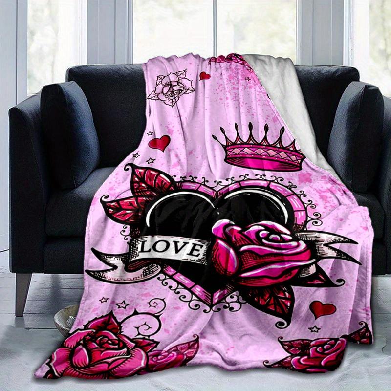 1pc. Pink Roses & Crown Heart Love Home Office Outdoor Blanket