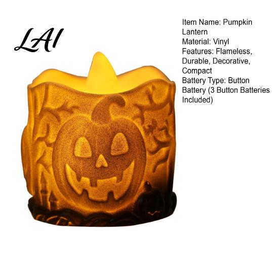 Vintage Style Pumpkin Lantern Halloween LED Candle Flameless Electronic Tealight Embossed Resin Lantern Warm Yellow Lamp Spooky Table Decor