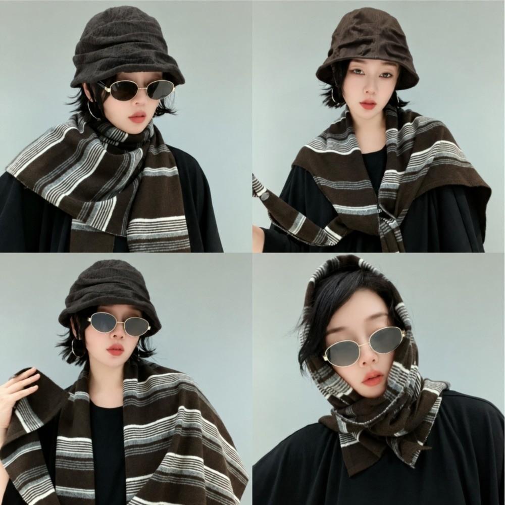 T-Shaped Knitted Shawl Color-block Striped Neck Warmer Retro Shoulder Wrap for Women