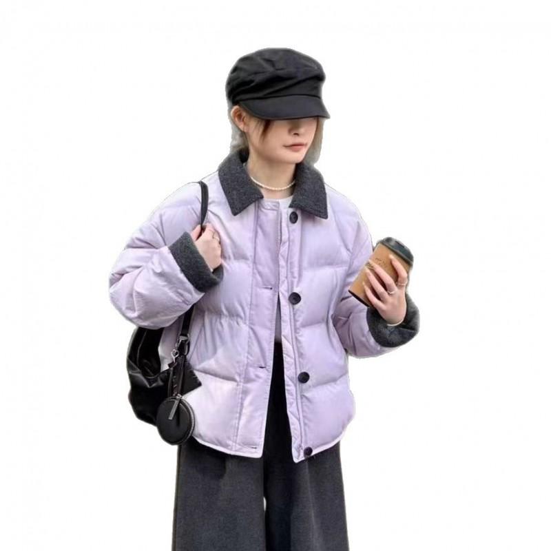 Womens Oversized Down Jacket With Colorblock Collar White Duck Winter Coat Loose Fit Short Length