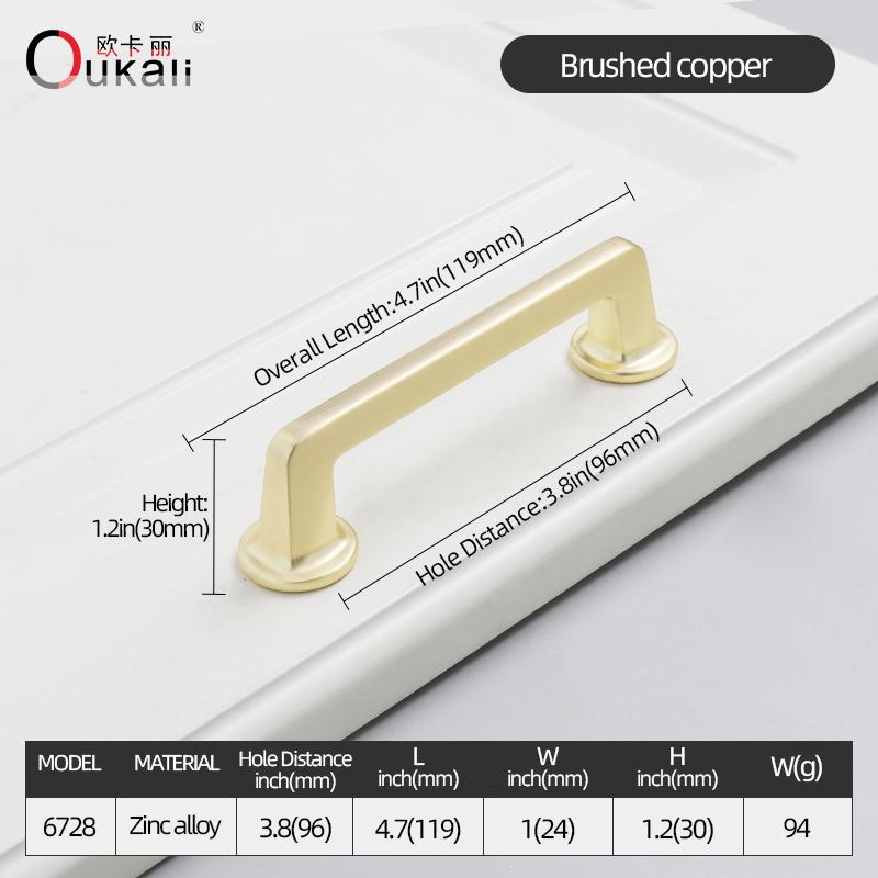 Oukali Modern Luxury Furniture Cabinet Handle Kitchen Drawer Zinc Alloy Brushed Copper Wardrobe Pull Knob Handles