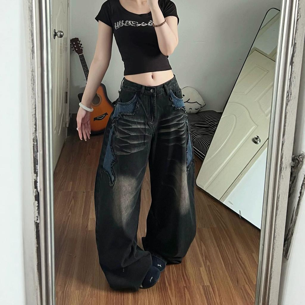 Black Scimitar Jeans Women's New Wasteland Retro Style Splicing Spice Girl Street Design Wide Leg Pants