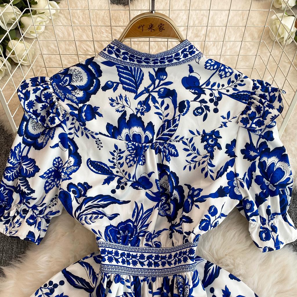 Летнее женское дизайнерское винтажное платье с принтом, элегантное однобортное вечернее платье с v-образным вырезом