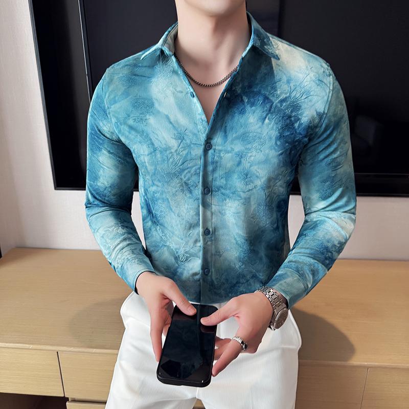 Мужские рубашки в корейском стиле, повседневные рубашки, модные рубашки с длинным рукавом в стиле тай-дай, мужская одежда, приталенная блузка с принтом
