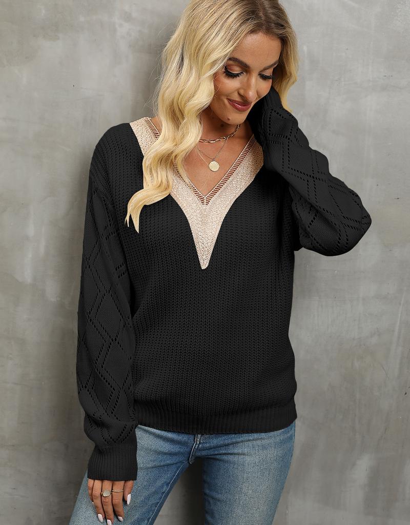 Женский осенне-зимний свободный повседневный свитер с V-образным вырезом и кружевом