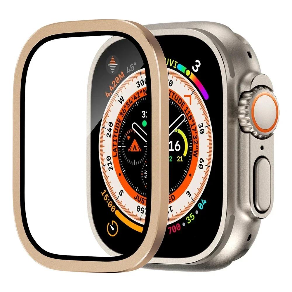 Защитная пленка для экрана для Apple Watch Ultra 49 мм, аксессуары для корпуса, металлическая рамка + закаленное стекло для iWatch Ultra 2, кольцо безеля 49 мм