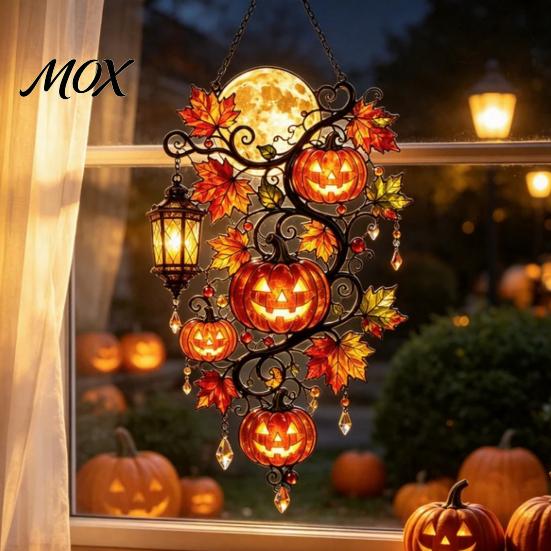 Pumpkin Moon Lantern Ornament Halloween Ornament, Acrylic Stained Glass Window Seasonal Hanging Sign Decoration, Autumn Maple Leaf Suncatcher Pendant