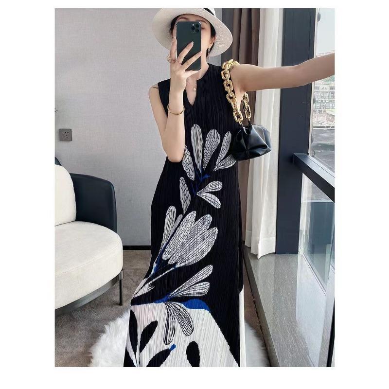 Летнее изысканное плиссированное платье макси с чернильным принтом для женщин