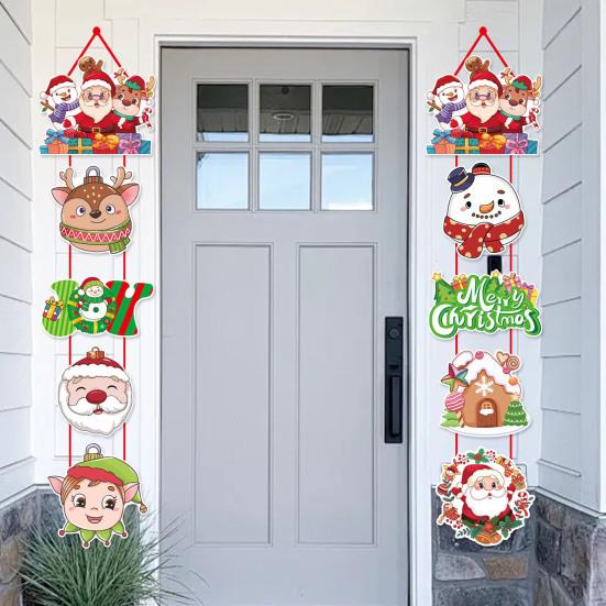 1 Pair Christmas Door Decoration Merry Christmas Hanging Sign Cartoon Santa Claus Snowman Holiday Decor for Home Wall Front Door