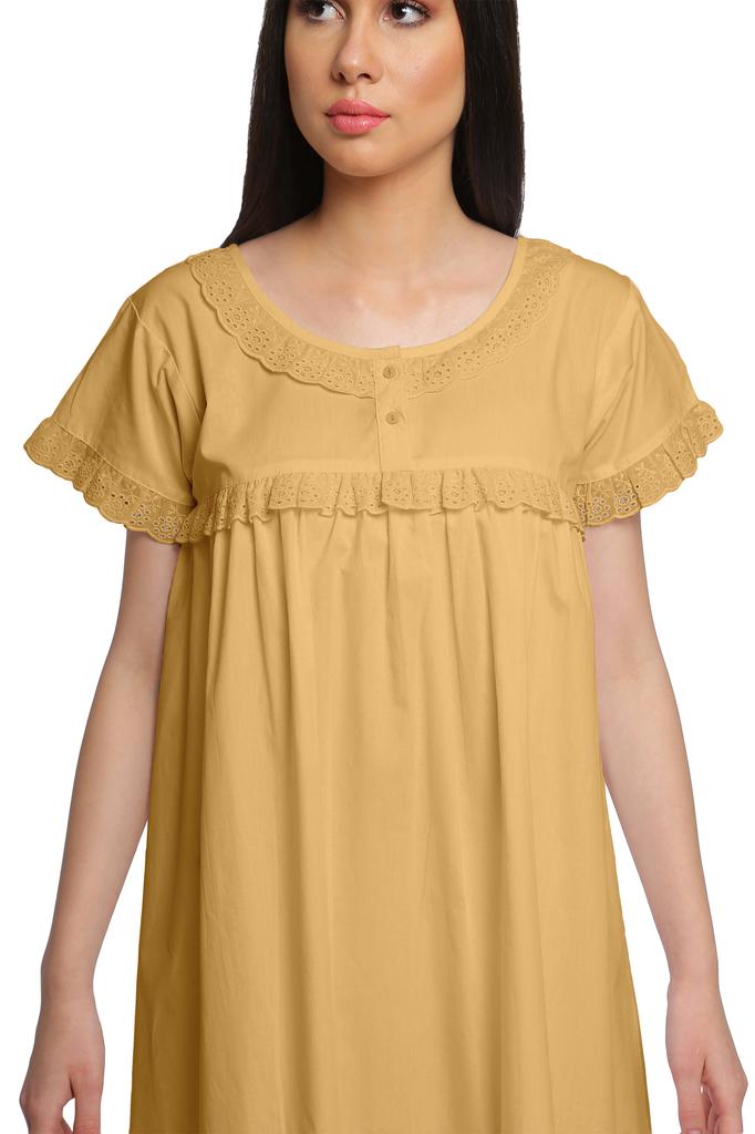 Moomaya Cotton Lace Neckline Sleepwear For Ladies Round Neck Womens