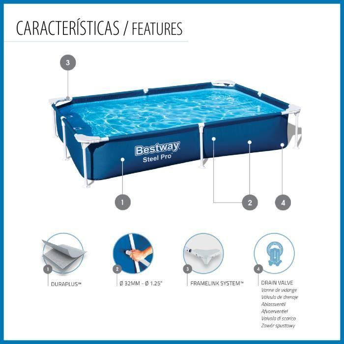 Piscine Démontable Rectangulaire - Bestway Steel Pro 221x150x43 cm Capacité de 1.200 Litres Couleur Bleu