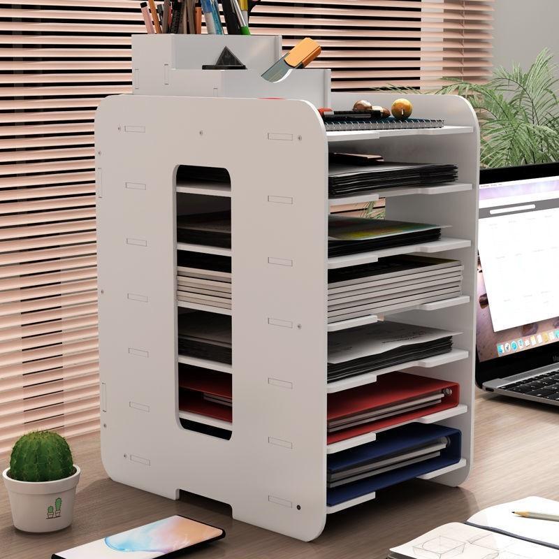 File Storage Box Multi-Layer Bookshelf Office Supplies File Box with Pen Holder Book Stand Shelf A4 Desktop File Shelf