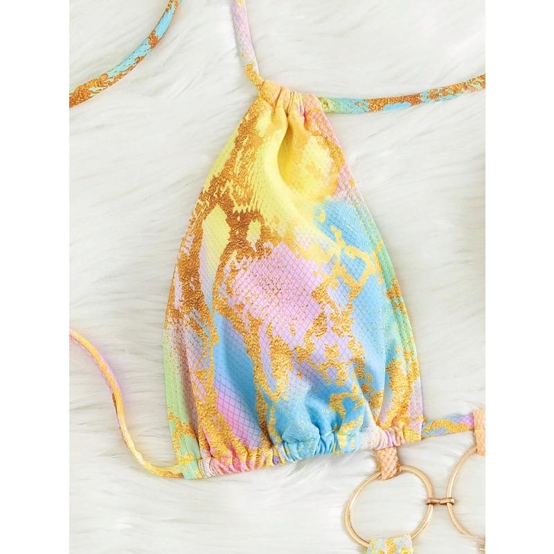 Sexy Hollow Out Backless One Piece Swimsuit 2026 Women Yellow Tie Dye Gradient Metal Circle Bathing Suit Beach Holiday Swimwear