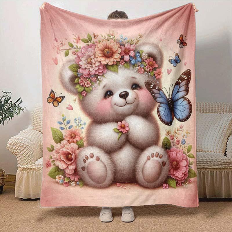 1pc Bear Butterfly Printing Lightweight Flannel Blanket, Comfortable and Warm Blanket, for Camping Sofa Bed and Couch Office, Suitable for Gi