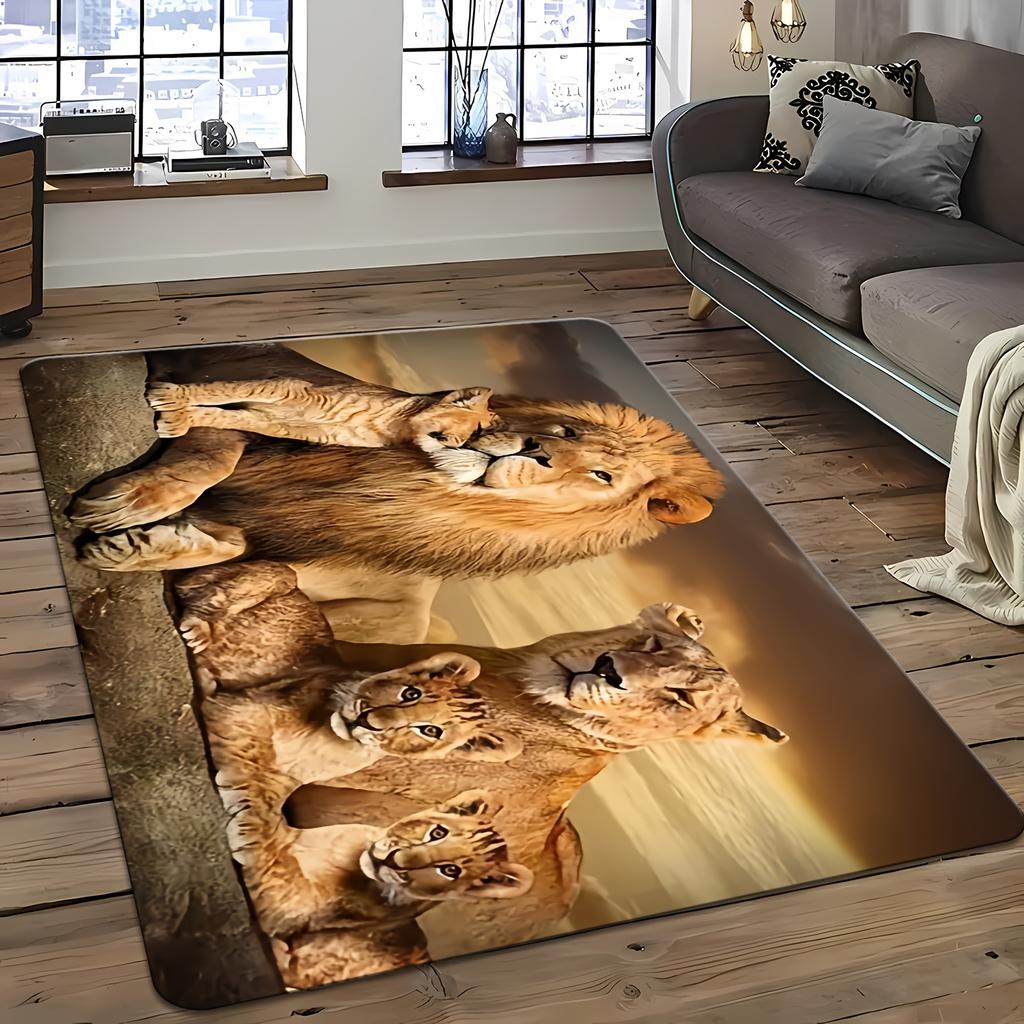 Lion King Pattern Flannel Doormat 3D Animal Family Floor Mat Soft Anti-slip Carpet for Living Room Bedroom Kids Room Decor