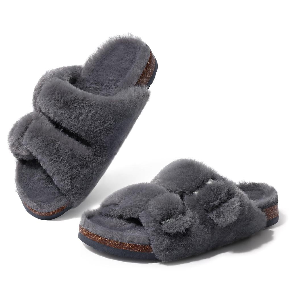 Fashion Smile Fashion Slippers For Women New Cork Insole Comfort Slides Outdoor Fluffy Sandals With Adjustable Metal Buckle Arch Support