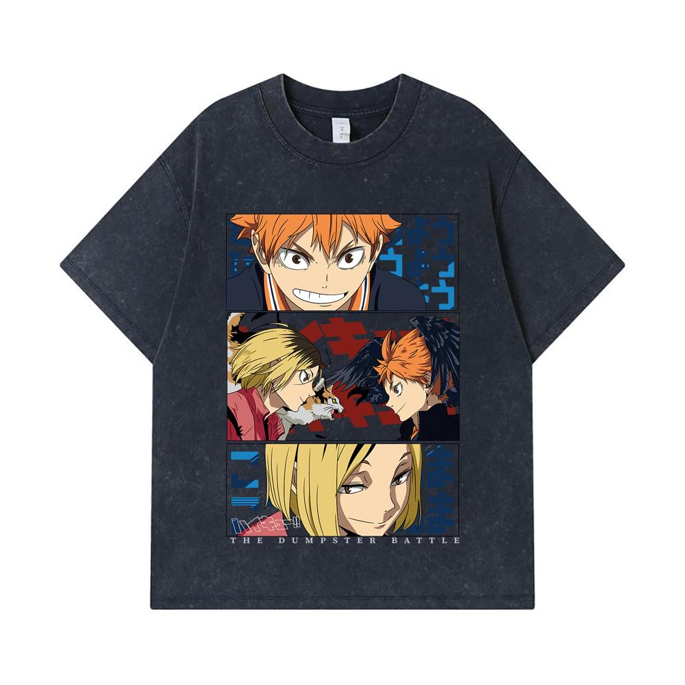 275 GSM Washed T-shirts 100% Cotton Haikyu V9 Dumpster Battle Print Unisex Heavy Cotton T Shirt