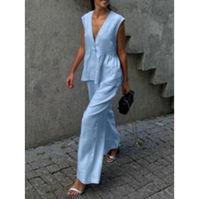 V-neck Sleeveless Vest Pants Set Pure Color Women V Neck Sleeveless Vest Pants Suit