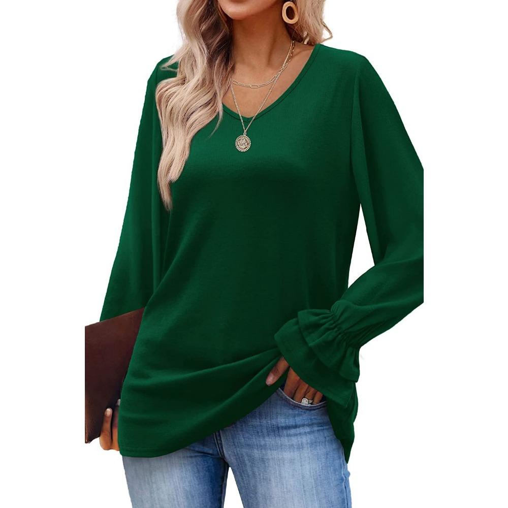 GMXIA Autumn Winter Horn Sleeve Long Sleeve Solid Color T-shirt Top for Women